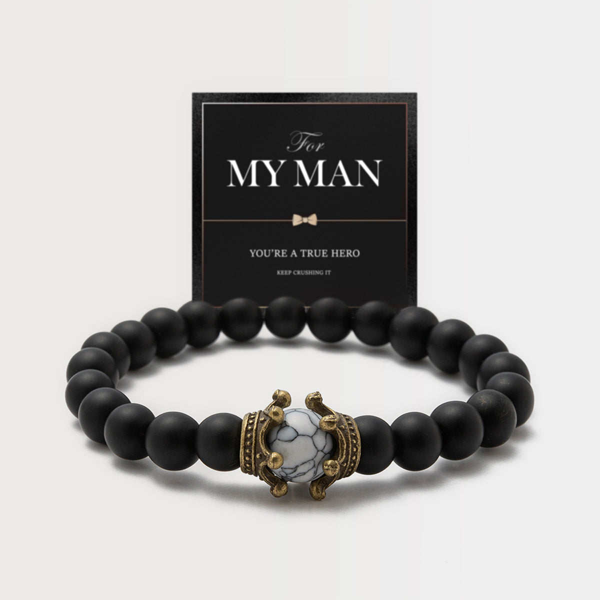 Natural Matte White Turquoise Crown Bracelet - "For My Man" Hero Gift Set - Healing Stone Wristband with Antique Gold Crown for Him