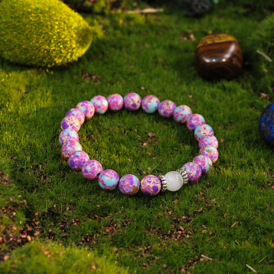 Vintage-Inspired White Cat’s Eye Style and Purple Kingman Turquoise Style Beaded Bracelet – For Calm and Serenity