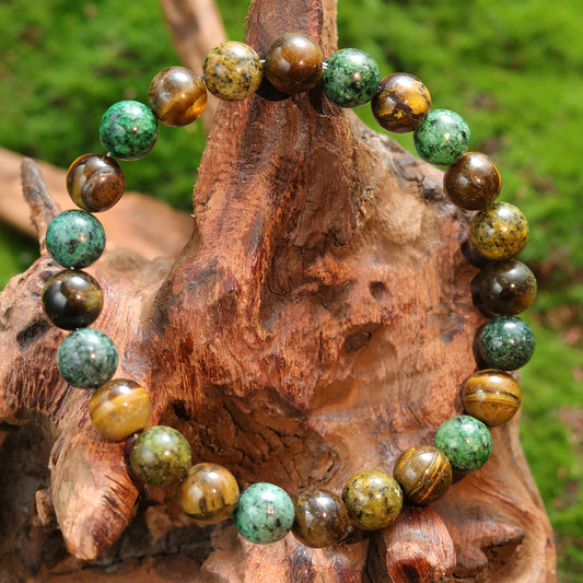 Vintage-inspired beaded bracelet with tiger's eye and African turquoise stones, handmade for mindfulness and intention