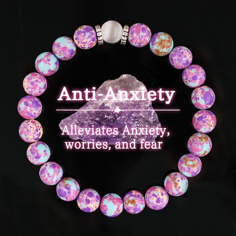 Vintage-Inspired White Cat’s Eye Style and Purple Kingman Turquoise Style Beaded Bracelet – For Calm and Serenity