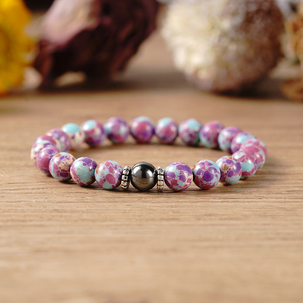 Vintage-Inspired White Cat’s Eye Style and Purple Kingman Turquoise Style Beaded Bracelet – For Calm and Serenity