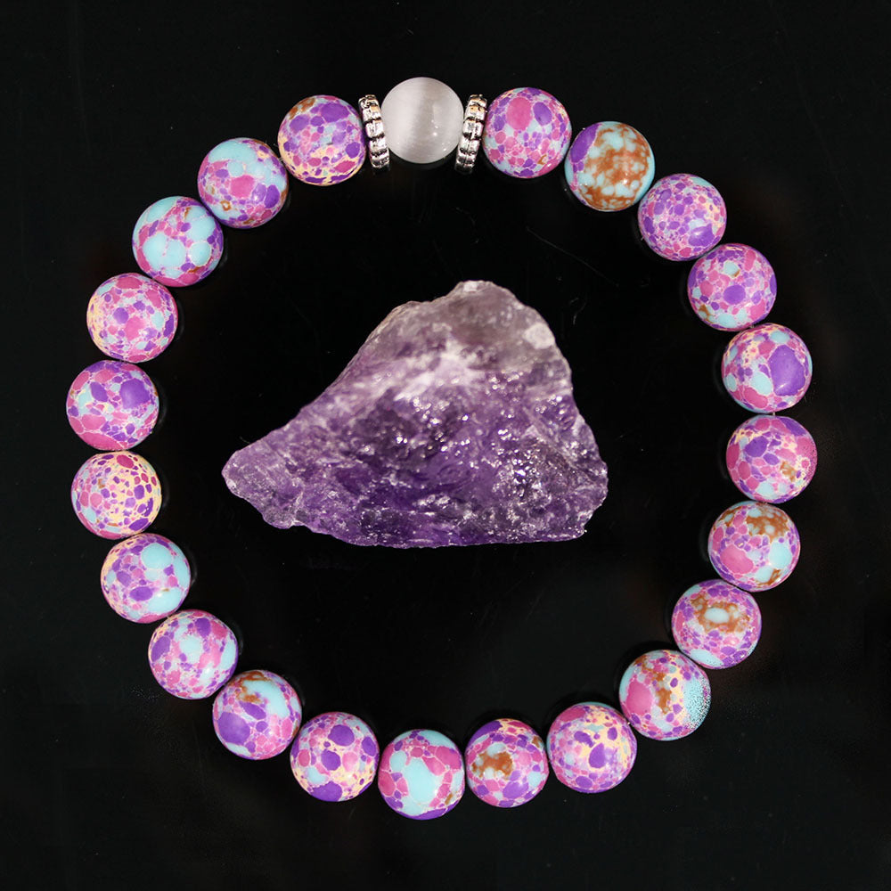 Vintage-Inspired White Cat’s Eye Style and Purple Kingman Turquoise Style Beaded Bracelet – For Calm and Serenity