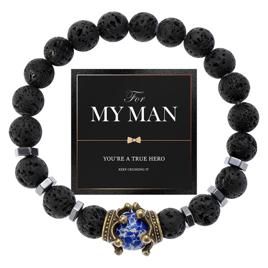 Natural Lava Rock & Blue Turquoise Crown Bracelet - "For My Man" Gift Set - Strength & Healing Stone Beads for Him
