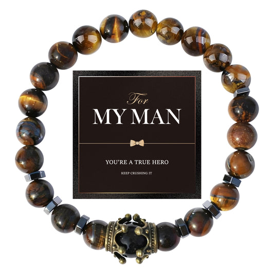 Natural Tiger Eye & Hematite Crown Bracelet for Men - For My Man Gift Set - Adjustable Healing Stone Wristband with Antique Gold Crown
