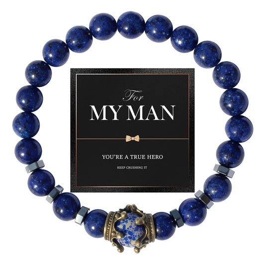 Natural Lapis Lazuli Crown Bracelet for Men - "For My Man" Hero Gift Set - Deep Blue Wisdom Stone Wristband with Antique Gold Crown