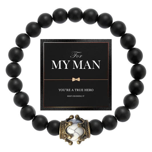 Natural Matte White Turquoise Crown Bracelet - "For My Man" Hero Gift Set - Healing Stone Wristband with Antique Gold Crown for Him