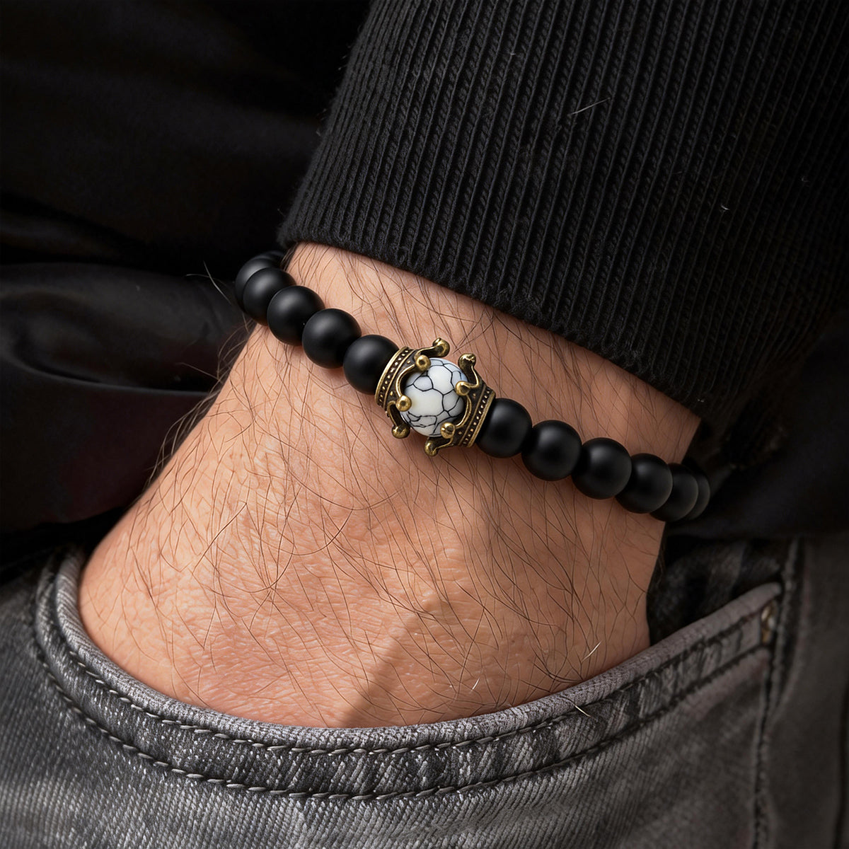 Natural Matte White Turquoise Crown Bracelet - "For My Man" Hero Gift Set - Healing Stone Wristband with Antique Gold Crown for Him