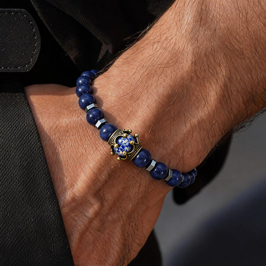 Natural Lapis Lazuli Crown Bracelet for Men - "For My Man" Hero Gift Set - Deep Blue Wisdom Stone Wristband with Antique Gold Crown