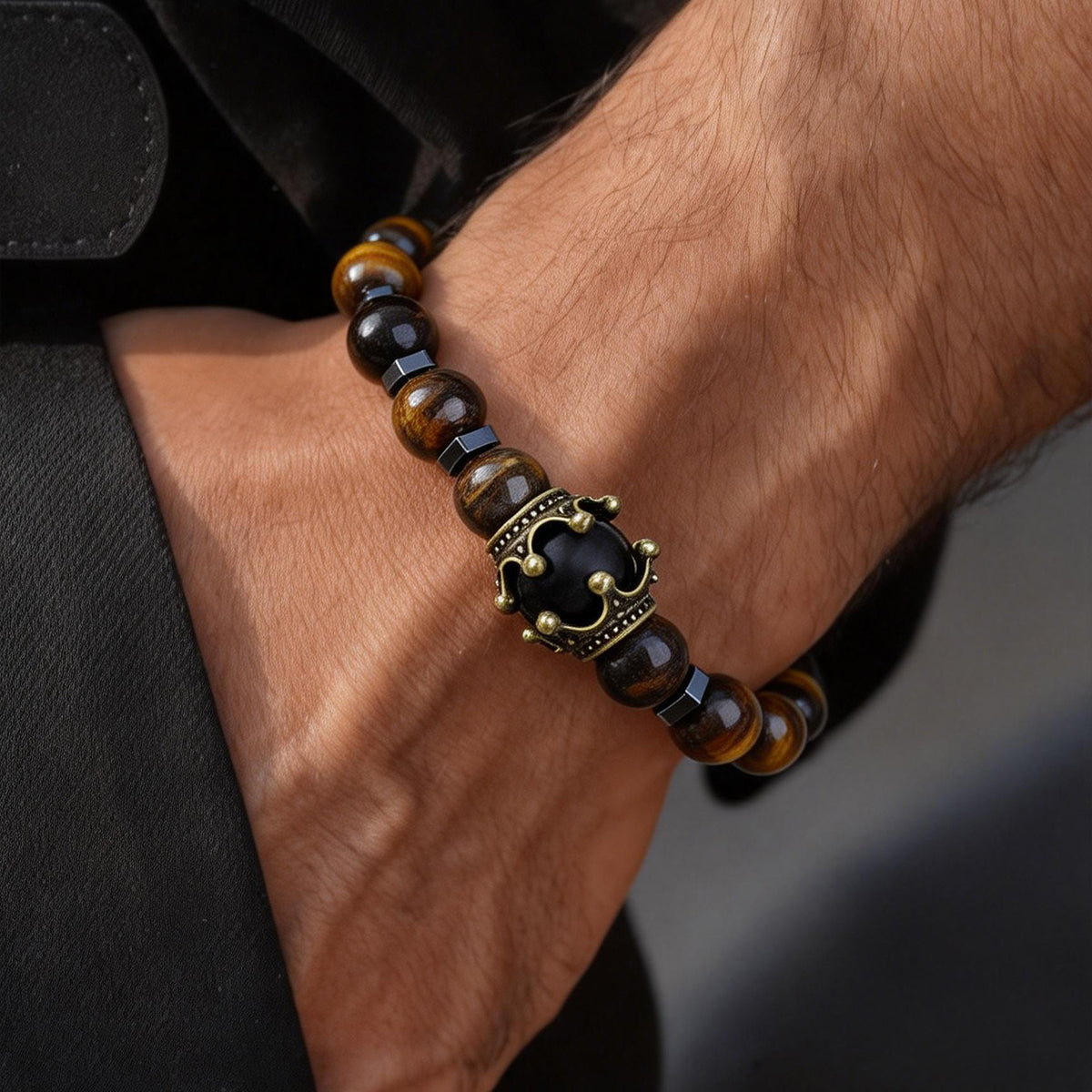 Tiger Eye & Hematite Crown Bracelet for Men - Adjustable