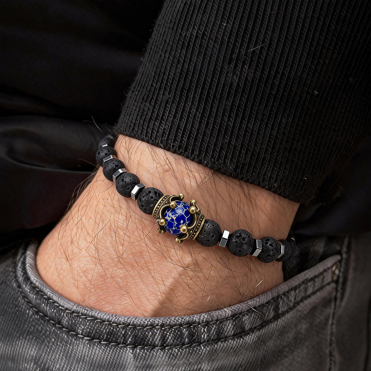 Lava Rock & Turquoise Crown Bracelet for Men - Strength Stone