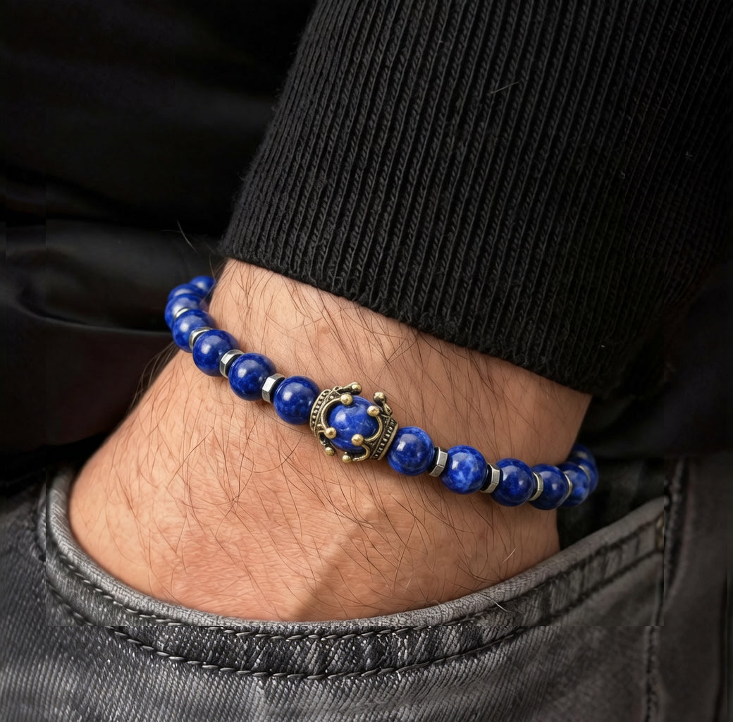 Lapis Lazuli Crown Bracelet for Men - Deep Blue Wisdom Stone