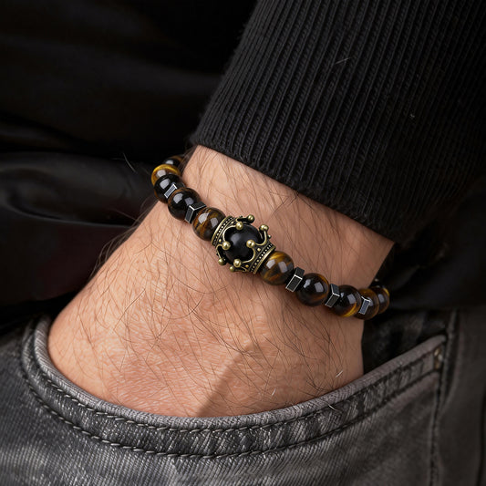 Natural Tiger Eye & Hematite Crown Bracelet for Men - For My Man Gift Set - Adjustable Healing Stone Wristband with Antique Gold Crown