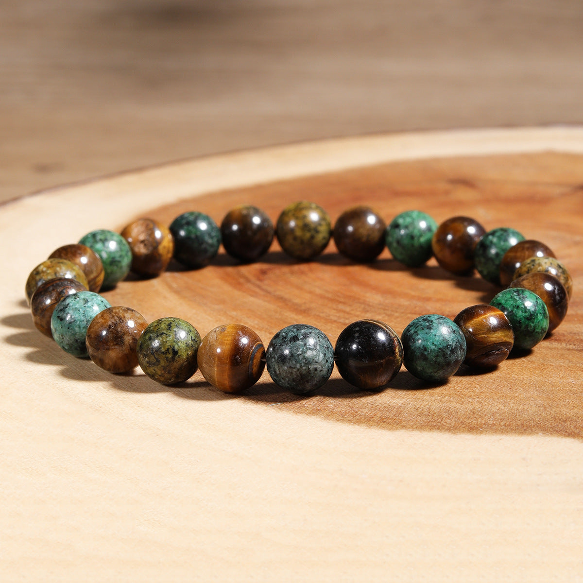 Vintage-inspired beaded bracelet with tiger's eye and African turquoise stones, handmade for mindfulness and intention