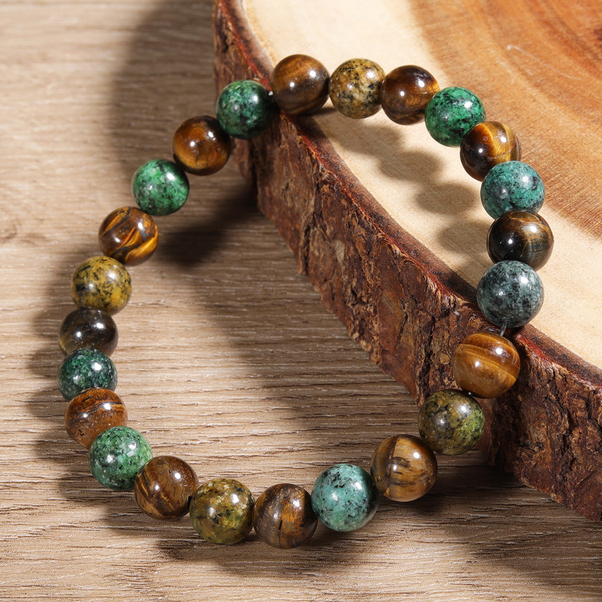 Vintage-inspired beaded bracelet with tiger's eye and African turquoise stones, handmade for mindfulness and intention
