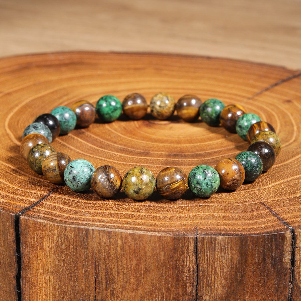 Vintage-inspired beaded bracelet with tiger's eye and African turquoise stones, handmade for mindfulness and intention